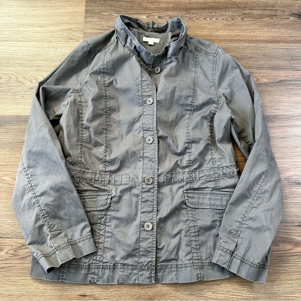 Eileen Fisher Ruffle Collar Lightweight Utility Jacket Button‎ Large Olive Green